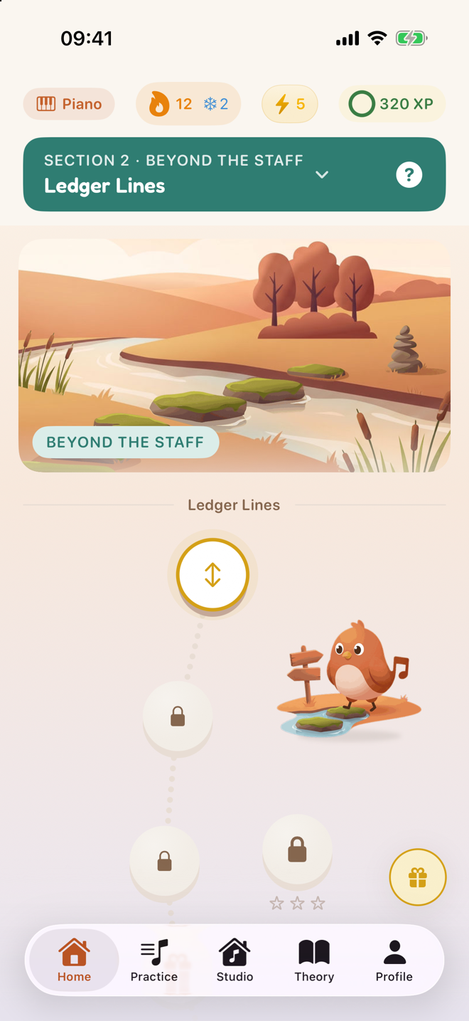 Clefly home screen showing a 12-day streak, the daily goal reached, and a skill tree of completed treble-clef nodes.