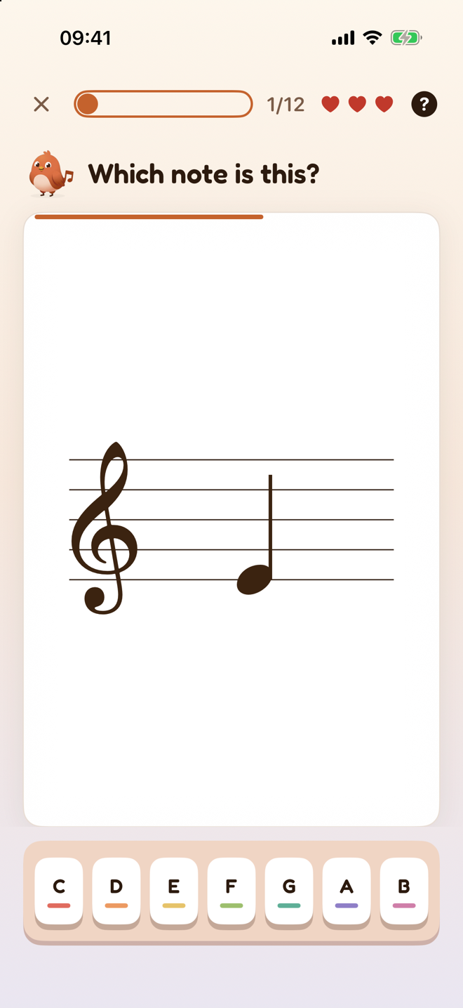 A Clefly lesson asking 'Which note is this?' with a note on the treble staff and labelled note buttons below.