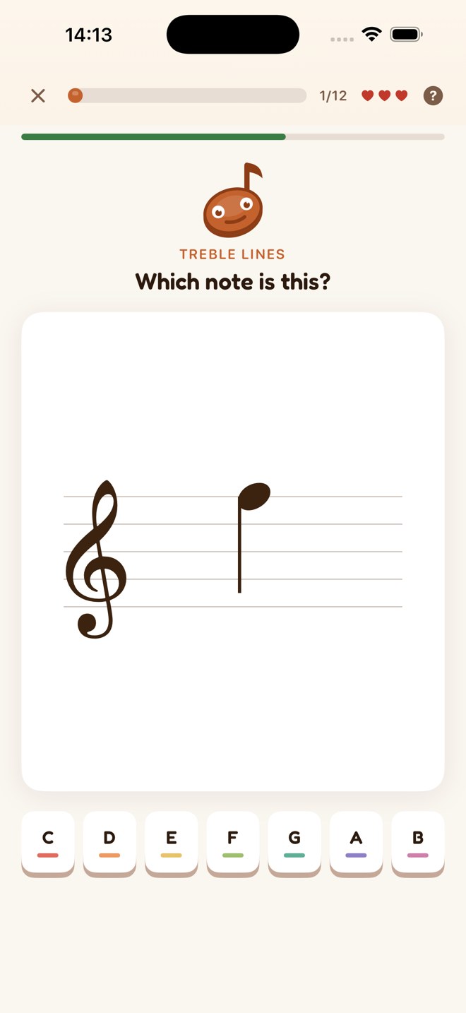 A Clefly lesson asking 'Which note is this?' with a note on the treble staff and labelled note buttons below.