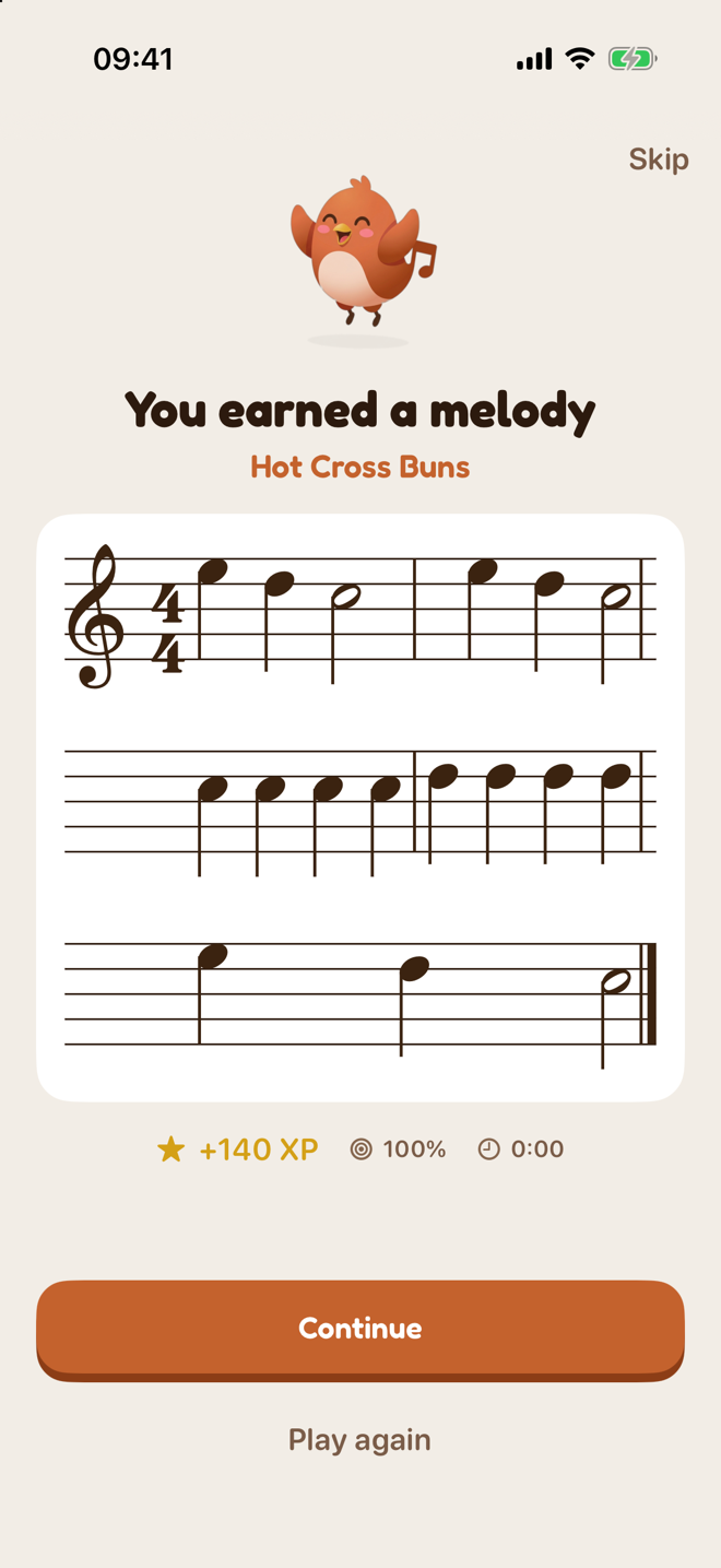 A Clefly reward screen reading 'You earned a melody' with a short tune written out as sheet music.